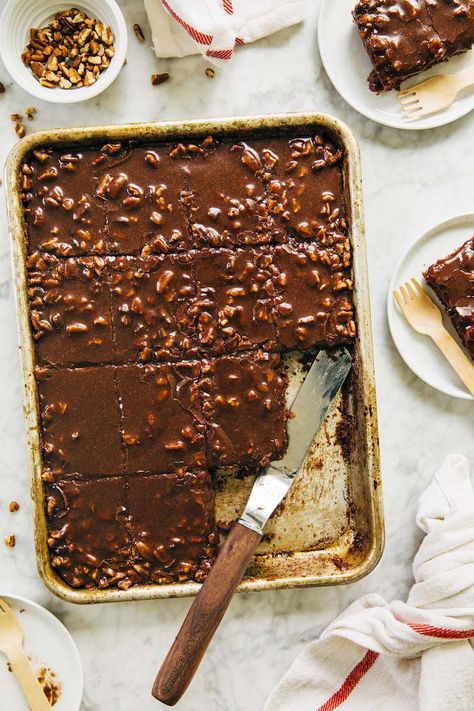 This Texas sheet cake recipe for a 9 x 13 pan is a small batch version of the classic! Super moist and light chocolate cake is topped with chocolate fudge candy frosting and toasted pecans. Texas Chocolate Sheet Cake, Light Chocolate Cake, Fudge Candy, Texas Sheet Cake Recipe, Sheet Cake Recipe, Chocolate Fudge Frosting, Texas Sheet, Cake Mug, Texas Sheet Cake