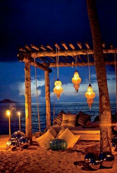 Beach lights.. Outdoor Seating, Lanterns, The Beach, Ceiling, Pillows