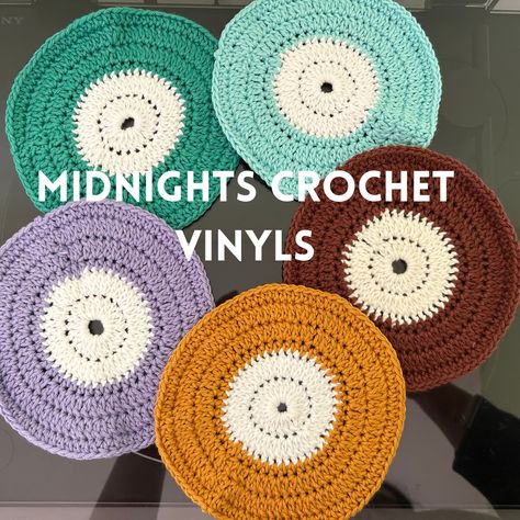 Handmade Taylor Swift crochet vinyls!!! Perfect for use as a coaster or a collectible for vinyl collectors. Handmade in London, by a small business. Perfect for the music lover in your life. #crochet #crochetvinyl #crochetsmallbusiness #crochetmusic #vinylcollector #recordcollectors #crochetgifts #customvinyl #crochetpresent #taylorswift #taylorswiftvinyls #taylorswiftcrochet #taylorswiftmusic #taylorswiftrecords #midnights #folklore #evermore Crochet Vynil Record, Taylor Swift Midnights Crochet, Taylor Swift Crochet Keychain, Taylor Swift Embroidery Pattern, Taylor Swift Crochet Ideas, Folklore Crochet, Vinyl Crochet, Crochet Vinyl, Crochet Taylor Swift