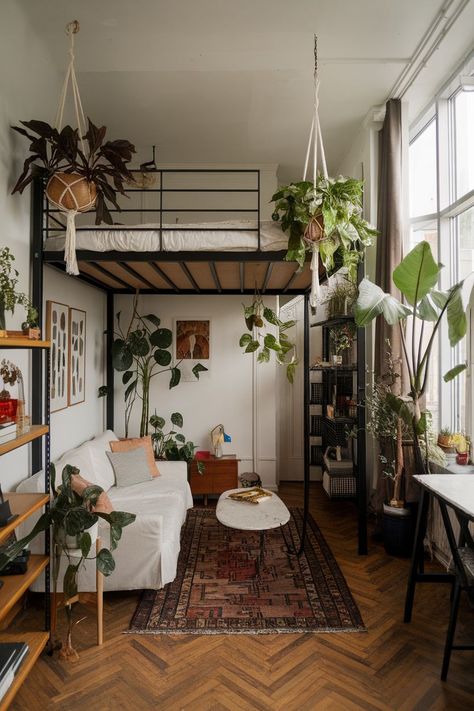 17 Studio Apartment Ideas to Make the Most of Every Square Foot - SavvyCollegeGirl Cozy Tiny Home Interior, Studio Apartment Clothing Storage, Two Bedroom Apartment Ideas, High Rise Studio Apartment, Tiny One Room Apartment, One Room Apartment Layout, Studio Living Room Ideas, Studio Apartment Storage Ideas, Studio Apartment Divider Ideas