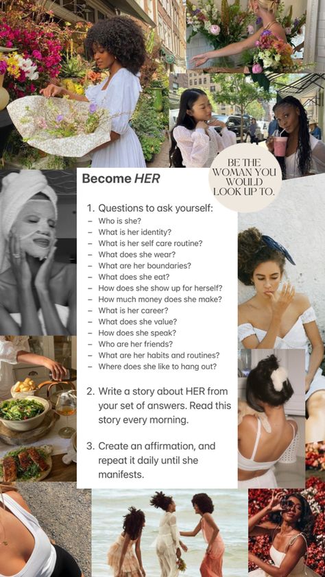 A list of questions and actions steps to help woman become their ideal best self. Estilo Rachel Green, Mindfulness Journal Prompts, Self Care Bullet Journal, Vie Motivation, Writing Therapy, Get My Life Together, Vision Board Inspiration, Self Confidence Tips, Journal Writing Prompts