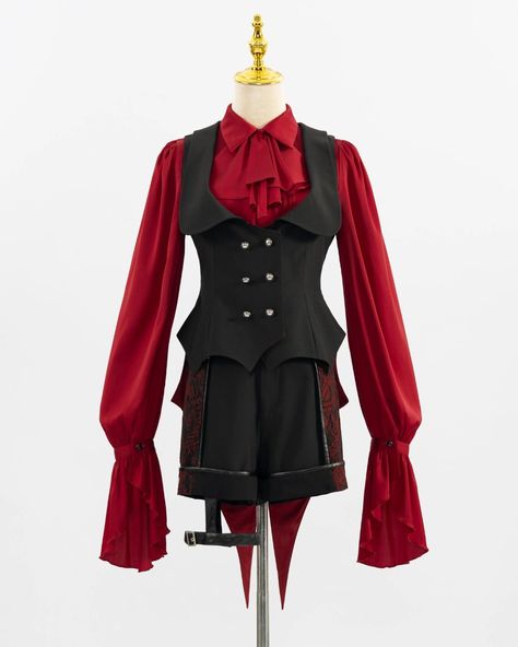 ❤️🖤Vampire vibes Ouji fashion set: Bat Wings Tail Waistcoat + Shirt with Jabot Tie + Shorts with Leg Loop. Order here: https://www.devilinspired.com/jfashion-clothes-by-devilinspired #devilinspired #ouji #oujifashion #gothic #gothicstyle #lolitacoord Vampire School Uniform, Devil Costume For Men, Dracula Outfit, Vampire Collar, Royal Vampire, Vampire Outfits, Vampire Outfit, Devil Inspired, Red Vampire