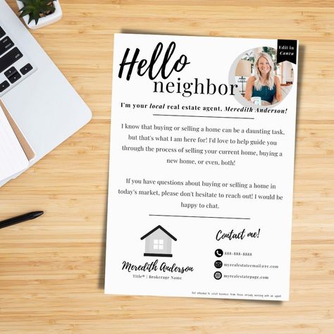 Hello Neighbor Farming Letter for Realtors and Lenders | Real Estate Marketing and Mailers | Editable Real Estate Templates | Classic Series Realtor Handouts, Marketing Letters, Advertisement Ideas, Realtor Ideas, Canva Real Estate, Marketing Gifts, Business Hacks, Real Estate Postcards, Referral Marketing