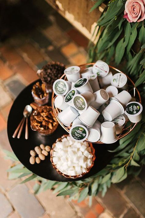 coffee wedding ideas self serve k-cups bar Reception Coffee Bar, Coffee Reception, Coffee Bar Party, Coffee Bar Wedding, Coffee Party, Edible Wedding Favors, Coffee Wedding, Reception Food, Wedding Reception Food