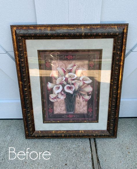 Repurposing Old Paintings, How To Change Framed Art, Upcycle Large Picture Frame, Thrift Store Picture Frames Makeover, Repurpose Large Picture Frame Ideas, Repurpose Picture Frames Diy Ideas, Large Frame Repurpose, Antique Frame Ideas, Picture Frame Repurpose