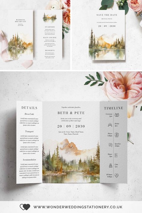 Autumn Mountains Gatefold Wedding invitations Trees Wedding Invitation, Aquarelle Wedding Invitation, Creative Invitation Card, Fall Lake Wedding, Landscape Invitation, Lake Wedding Invitations, Autumn Wedding Invitations, Gatefold Wedding Invitations, Watercolour Wedding Invitations