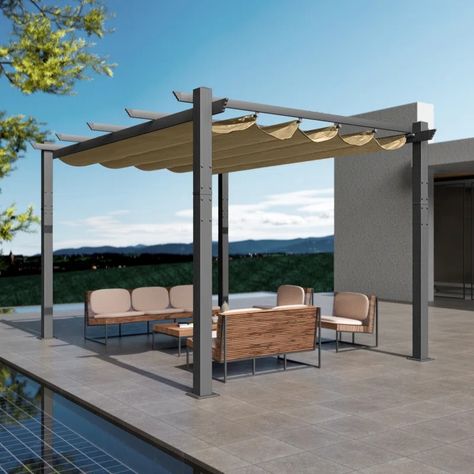 Kozyard Atlantics Outdoor Retractable Pergola with Sun Shade Canopy 10' x 13' & Reviews | Wayfair Barbeque Birthday Party, Pergola With Sun Shade, Pergola Metal, Sun Shade Canopy, Aluminum Gazebo, Patio Grill, Metal Grill, Grill Gazebo, Retractable Pergola