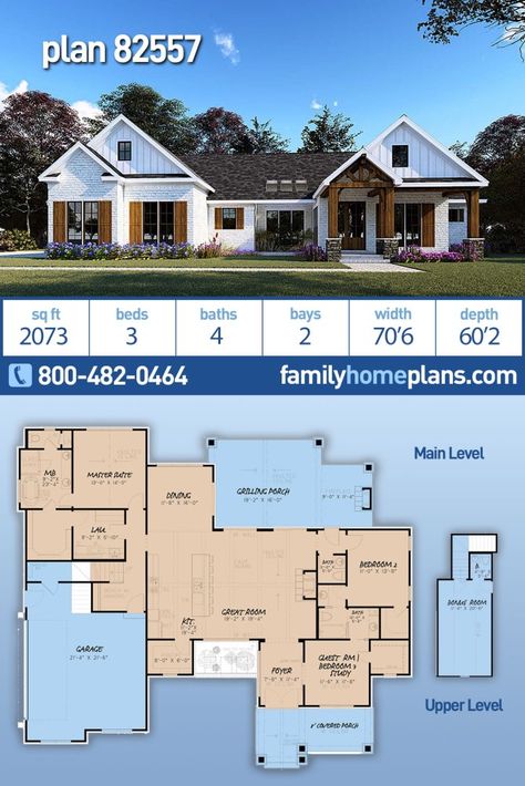 Modern Ranch House Plan With 2000 Square Feet - Family Home Plans Blog Ranch Bungalow House Plans, Modern Ranch House Plans, 2000 Sq Ft House, Modern Ranch House, Screened Porches, Open Floor Plans, Homes Exterior, House Plans One Story, Ranch House Plan