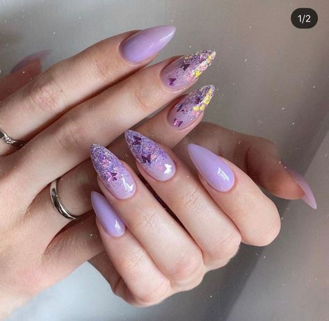 Pink And Purple Nails Almond, Almond Lilac Nails, Purple Nail Designs Almond, Lavender And Pink Nails, Purple Almond Nails Design, Lilac Almond Nails, Quinceañera Planning, Future Nails, Purple Glitter Nails