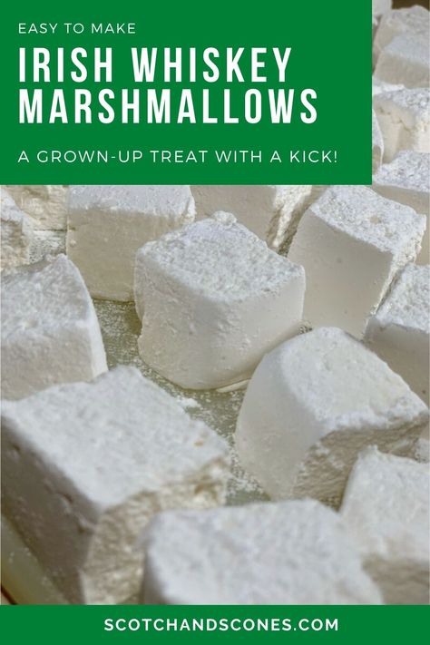 These homemade marshmallows are a grown-up treat with a kick! Add Irish Whiskey Marshmallows to a cup of coffee for the best Irish coffee you’ve ever had! #scotchandsconesblog #desserts #marshmallows #homemademarshmallows #whiskeymarshmallows #Irishwhiskey #boozyfood Bourbon Marshmallow Recipe, Boozy Marshmallows, Marshmallow Flavors, Booze Balls, Boozy Treats, Homemade Marshmallow Recipe, Flavored Marshmallows, Homemade Marshmallow, Honey Coffee