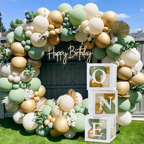 Sage Green First Birthday, Green First Birthday, White Gold Balloons, 1st Birthday Decorations Boy, First Birthday Decorations Boy, 1st Birthday Boy Themes, Balloon Boxes, Balloons Arch, Jungle Safari Party