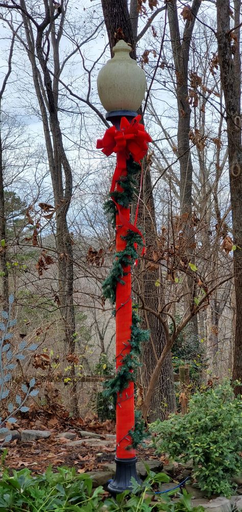 Outdoor Lamppost Christmas Decor, Decorate Lamp Post For Christmas, Christmas Light Pole Decorating Ideas, Light Pole Christmas Decor, Christmas Light Pole, Outdoor Christmas Decorations Lights, Pole Wrap, Bah Humbug, Light Pole