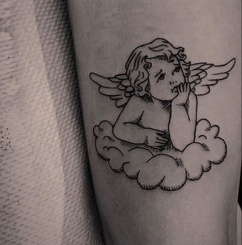 Angels On Clouds Tattoo, Cherub On Cloud Tattoo, Cherub Tattoo Designs, Finger Tattoos Words, Cupid Tattoo, Cherub Tattoo, Cloud Tattoo, Tattoo Design Book, Angel Pictures