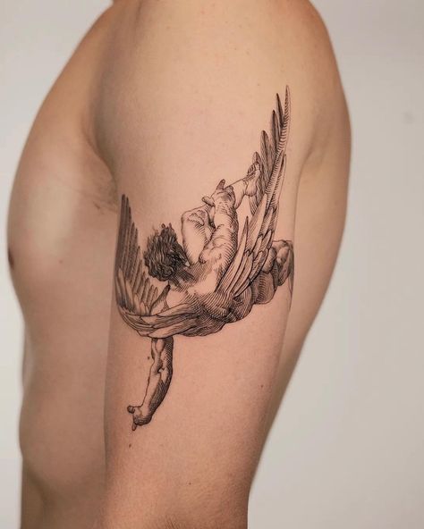 Icarus Fallen Angel Tattoo Icarus Tattoo, Greek Tattoo, Fallen Angel Tattoo, Etching Tattoo, Woodcut Tattoo, Engraving Tattoo, Autumn Tattoo, Muscle Tattoo, 4 Tattoo