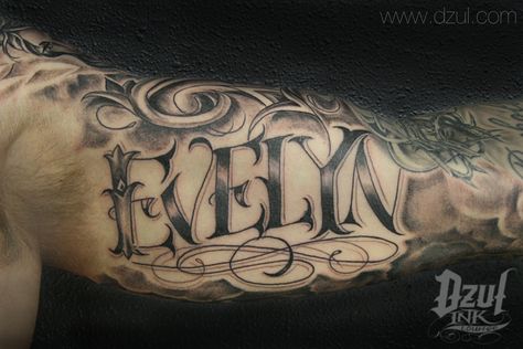 Evelyn amazing black and grey script inner arm tattoo - By Jacob @ dzul.com Evelyn Tattoo Name, Evelyn Tattoo, Evelyn Name, Tattoo Name Ideas, Inner Arm Tattoo, Tattoo Name, Tattoo Ideas For Women, Name Tattoo, Name Tattoos