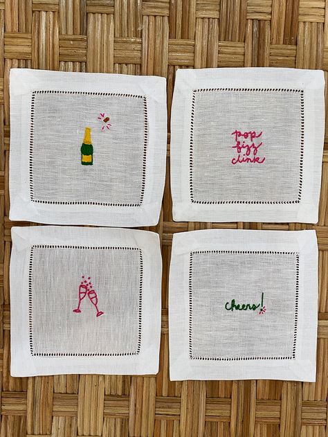 Embroidery Cocktail, Carly The Prepster, Embroidered Cocktail Napkins, Embroidery Napkins, Diary Gift, Embroidered Napkins, Custom Napkins, Hand Embroidery Projects, 자수 디자인