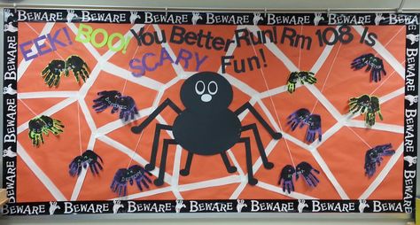 My Halloween bulletin board. The big spider I made out of posterboard and the little spiders are made from my students' handprints :) Spider Bulletin Board Ideas, Spider Bulletin Board, October Bulletin Boards, Door Bulletin Boards, Halloween Bulletin Boards, October Ideas, Halloween Kindergarten, Fall Bulletin Boards, Preschool Bulletin