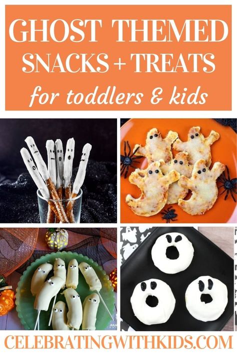 ghost themed snacks and treats for toddlers and kids Pretzel Ghost Treats, Ghost Snacks For Kids, Ghost Treats For Kids, Ghost Party Food, Ghost Food Ideas, Ghost Themed Food, Halloween Toddler Snacks, Ghost Snacks, Ghost Pretzels