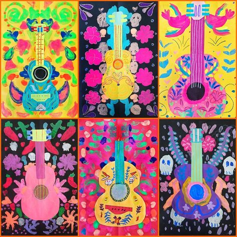 Miss Lee on Instagram: “Our Coco inspired guitars. 🪅🌵💀🌶🪅#diadelosmuertos #arted #arteducation #artteacher #artteachersofinstagram #iteachart” Art Classroom Middle School, Cultural Art Lessons, Hispanic Heritage Month Art Lessons, Hispanic Heritage Art Lessons, Mexican Heritage Art For Kids, Hispanic Heritage Month Art Projects, Hispanic Heritage Month Art Lessons Elementary, Hispanic Heritage Month Art, Alebrijes Art Project For Kids