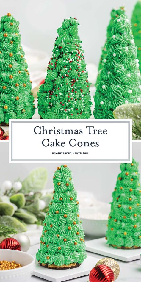 Christmas Tree Cake Cones + VIDEO - A Fun Christmas Dessert - Christmas Tree Cake Cones are filled with cake and frosting and then festively decorated and a fun holiday activity for kids. #christmastreecakecones Holiday Activity For Kids, Cake Cones, Dessert Christmas, Cake In A Cone, Delicious Christmas Desserts, Best Christmas Desserts, Christmas Delights, Frosted Christmas Tree, Delicious Christmas Cookies