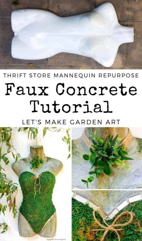 How to repurpose a plastic mannequin and turn it into unique garden art. The tutorial includes how to create a faux concrete effect with craft paint. Love how the finished product turned out. #Fauxconcrete #painteffects #mossmannequin #DIYTutorial #mosseffects #gardenart #acraftymix #recyclegardenart Moss Covered Mannequin, Outdoor Garden Decor Ideas, Moss Projects, Plastic Mannequin, Outdoor Space Ideas, Mosaic Faces, Mannequin Decor, Concrete Creations, Cement Projects