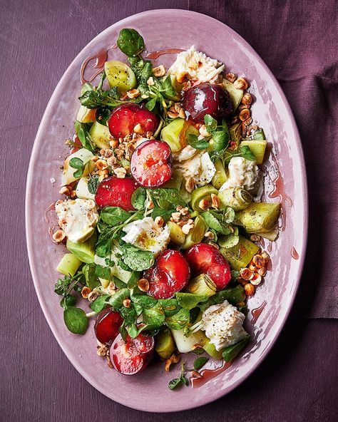 Plum Salad Recipes, Plum Salad, Delicious Magazine Recipes, Leek Salad, Plum Crumble, Plum Recipes, Mozzarella Recipes, Mozzarella Salad, Magazine Recipes