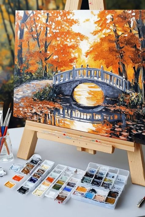 20 Inspiring Fall Painting Ideas for Autumn Art Projects Acrilic Paintings Ideas Fall, Easy Fall Landscape Painting, Pumpkin Fall Painting, Autumn Canvas Painting Ideas, Autum Paintings Acrylic, Fall Diy Painting, Easy Autumn Paintings, Fall Themed Paintings, Fall Aesthetic Painting