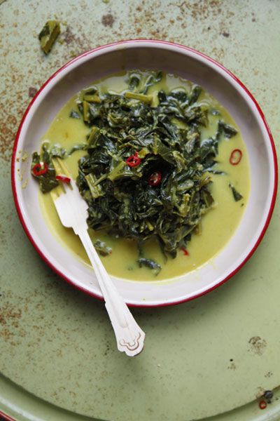 The key step in making this Indonesian dish is to create a base of flavors by gently sweating the paste of chiles, turmeric, ginger, and garlic before stewing the collard greens in coconut milk. Green Curry Recipes, Collard Greens Recipe, Green Thai, Vegetarian Main Course, Ayam Bakar, Vegetarian Main Dishes, Ground Turmeric, Green Curry, Collard Greens