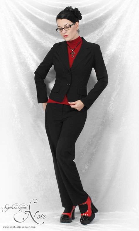 Red Goth Outfits, Business Goth, Corp Goth, Gothic Inspiration, Office Goth, Corporate Goth, Woman In Suit, Casual Goth, Thrift Inspo