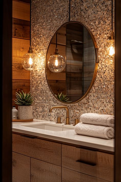 Transform your bathroom with stunning wall art ideas and warm lighting! This modern vanity setup with gold accents is perfect for a chic touch. Upgrade your decor and create a spa-like atmosphere at home. #BathDecor #HomeInspiration #WallArtIdeas Spa Accent Wall, Powder Room Industrial, Bathroom Pendant Lighting Vanities, Bathroom Earthy, Vanity Setup, Textured Tiles, Restaurant Bathroom, Future Space, Elegant Vanity