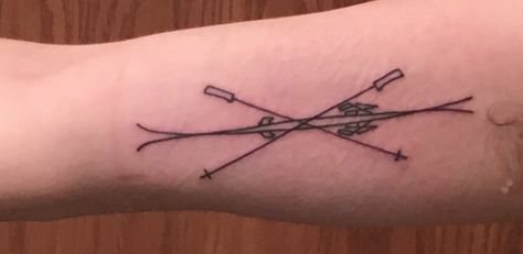 #boulderinn Crossed Skis Tattoo, Ski Tattoo Simple, Skier Tattoo, Banff Tattoo, Ski Tattoo Ideas, Skiing Tattoos, Skiing Tattoo Ideas, Girl Side Tattoos, Skiing Tattoo