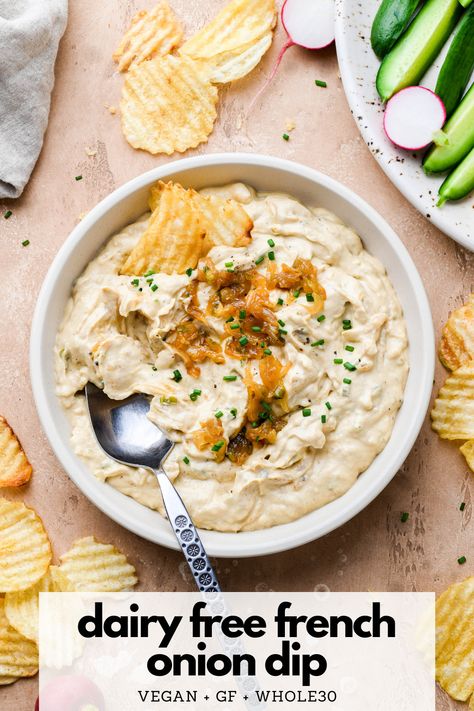 Dairy Free Dips, Dairy Free Appetizers, Onion Dip Recipe, Paleo Appetizers, French Onion Dip, Gluten Free Soy Sauce, Vegan Dip, Onion Dip, Vegan Appetizers