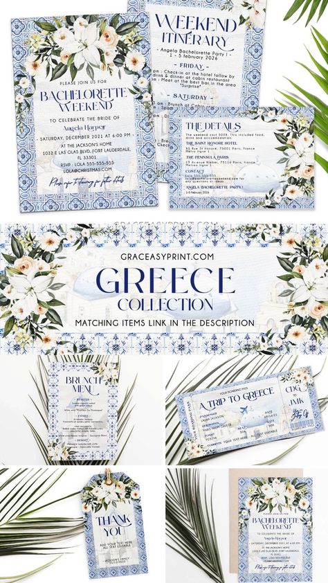 Discover the new collection on the theme of Greece. Discover invitations in the greek style. Brunch invitation, birthday invitation, reply card, a colorful collection Greek Party Theme, Greece Fashion, Bridal Shower Decorations Diy, Welcome Boards, Brunch Invitations, Bachelorette Party Themes, Greek Wedding, The Jacksons, Greek Style