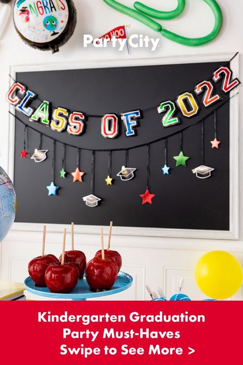 Swipe to see the three things you need to celebrate your little graduate's big achievement. Decorate the party space with Class of 2022 decorations, balloons, and tableware. Find more graduation decorations at Party City. End Of Year Class Party Decorations, Kindergarten Graduation Party Ideas Decoration, Nursery Graduation Ideas, Preschool Graduation Backdrop Ideas, Year End Party Decoration, Graduation Kindergarten Ideas, Preschool Graduation Party Ideas, Kindergarten Graduation Party Ideas, Preschool Graduation Theme