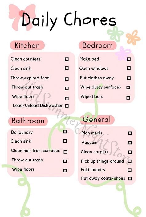 A concise list of daily chores to keep your house clean and in order. TO have a peace of mind and live in a nice and balanced environment. A clean space means a clean mind. #Cleaning #to #The #Schedule #Guide #CreativeIdeas #Tidy #Motivation #a #for #Home #Inspiration #Creating #Ultimate #a Chores To Do Around The House, Clean House List, How To Keep House Clean, Chores List For Adults, Bedroom Deep Cleaning List, How To Keep A Clean House, Clean Room List, Daily Chores To Keep House Clean, Cleaning House List