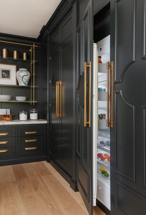 This Kitchen Renovation Serves Up More Space and Storage Black Fridge With Gold Handle, Black Refrigerator Kitchen Ideas, Refrigerator Walls In Kitchen, Black Fridge Kitchen Ideas, Luxury Refrigerator Kitchen, Black Refrigerator Kitchen, Black Appliances In Kitchen, Luxury Fridge, Panel Refrigerator