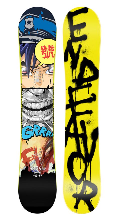 New set of snowboard designs made for Endeavor Snowboards 2012/2013 collection.  Illustrations inspired by pop culture imagery ranging from Manga and comic books to public icons and Pop Art. Made with vectors, pencil, pen, marker, watercolor or acrylic paint remastered in Adobe Photoshop /  Made in 2011 Snowboards Design, Snowboard Designs, Snowboarding Aesthetic, Snowboard Art, Snowboard Design, Skateboard Deck Art, Skate Art, Skateboard Design, Snowboarding Outfit