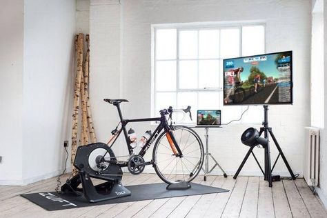 Zwift Cycling Setup, Cycling Room, Zwift Cycling, Bicycle Room, Indoor Bike Trainer, Bike Riding Benefits, Biking Benefits, Bike Room, Gym Room At Home