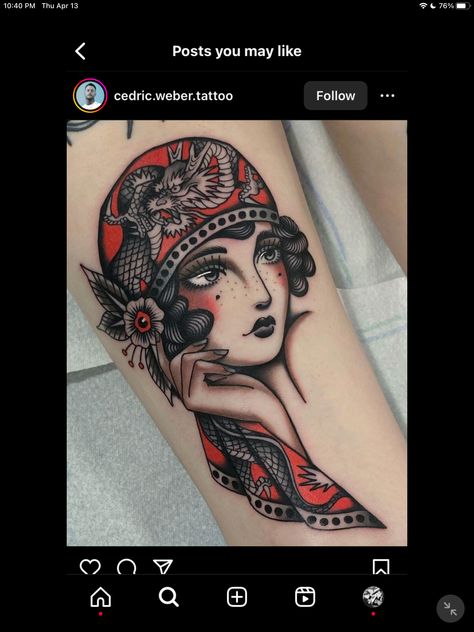 Traditional Tattoo Face, Tattoo Woman Face, Traditional Tattoo Woman Face, Flapper Tattoo, Traditional Tattoo Girls, Traditional Tattoo Outline, Traditional Tattoo Woman, Dragon Head Tattoo, Face Tattoos For Women