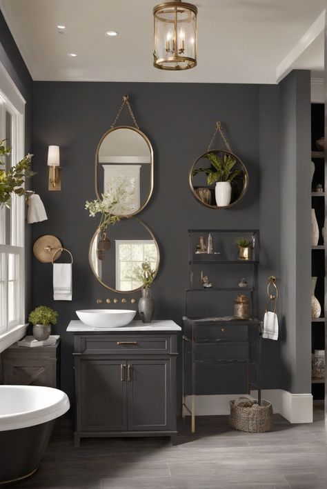 1. Iron Ore  2. Elegance  3. Sherwin Williams  4. Interior Design Cabinet Same Color As Wall, Dark Bathroom Paint Ideas, Sherwin Williams Bathroom Colors 2024, Small Bathroom Paint Colors Sherwin Williams, Iron Ore Bathroom Walls, Iron Ore Sherwin Williams Cabinets, Sherwin Williams 2024 Color Trends, Iron Ore Walls, Iron Ore Bathroom