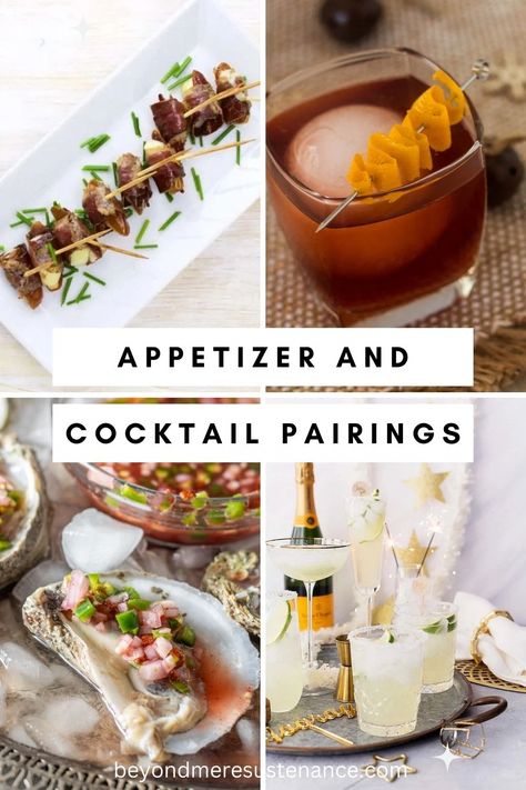 Have you ever really wanted to serve a cocktail with hors d'oeuvres, but chickened out and stayed with the predictable wine or beer? I have put together a collection of 11 Festive Holiday Cocktail and Appetizer Pairings to inspire you, and included tips for coming up with your own perfect pairings. #BeyondMereSustenance #AppetizerCocktailPairings #Entertaining #Holiday #Appetizers #Cocktails Cocktail And Appetizer Party, Dinner And Cocktail Pairings, Mojito Appetizer Pairing, Cocktail Appetizer Pairings, Food And Cocktail Pairings, Drink And Food Pairing, Cocktail Pairing With Food, Cocktail And Appetizer Pairings, Cocktail Pairing