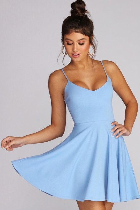 Simple Light Blue Dress, Leavers Dresses, Light Blue Skater Dress, Formal Long Dresses, Long Dresses Casual, Powder Blue Dress, Semi Dresses, School Dance Dresses, Blue Skater Dress