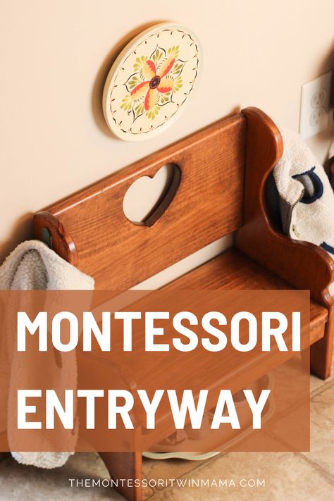 Create a beautiful Montessori-inspired entryway for your child. Support their independence by offering an appropriate sized chair or bench as well as easy access to seasonal items and their shoes. Put a hook at a level they can reach. Make the space beautiful and cozy with some artwork hung at there eye-level. Montessori inspired entryways can be a great way to support your child's increasing need for doing things independently. It creates space for them to learn new skills. Entryway Montessori, Montessori Entrance, Kids Entryway Ideas, Toddler Entryway, Montessori Entryway, Shoe Station, Entryway Hooks, Childcare Business, Entry Closet