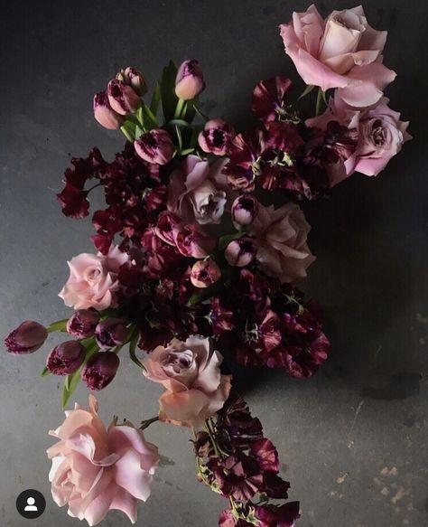 Do you like these colors? Dark flowers with some lighter blush shades. Eggplant Wedding Colors, Flower Magazine, Blush Shades, Hotel Flowers, Enchanted Forest Wedding, Wedding Design Decoration, English Wedding, Dark Flowers, Moody Wedding