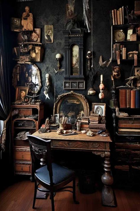 Dark Academia Office | Health, Beauty, Fashion, Design, Pets & More | dagmaramach.com Scottish Study Room, Dark Academia Nature Room, Goth Literature Aesthetic, Goth Academia Room, Gothic Dark Academia Room, Office Decor Dark Academia, Gothic Home Office Ideas, Dark Industrial Office, Dark Academia Aesthetic Accessories