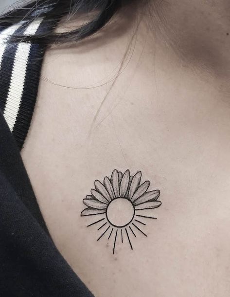 Sun And Flower Tattoo Simple, Daisy And Sun Tattoo, Sunflower Simple Tattoo, Sunflower And Sun Tattoo, Sun And Sunflower Tattoo, Sunflower And Sun, Simple Sun Tattoo, Sunny Personality, Chaos Star