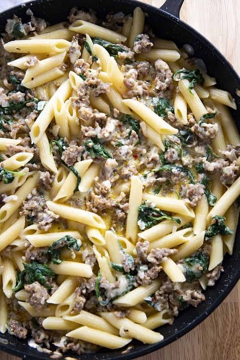 Creamy Italian Sausage Pasta, Pudding Salad, Italian Sausage Recipes Pasta, Creamy Sausage Pasta, Sausage Penne, Sausage Spinach Pasta, The Salty Marshmallow, Salty Marshmallow, Potato Pudding