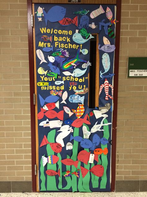 A Welcome Back from maternity leave door decoration!  The students had so much fun decorating their own fish to go on the door.  The teacher absolutely loved it!! Welcome To Prek Classroom Door, Headstart Door Decorations, Coming Back From Maternity Leave Teacher, Welcome Sign Front Door For Preschool, Speech Teacher Appreciation Door, Maternity Leave Teacher, Welcome Back Teacher, Medical Leave, School Door Decorations