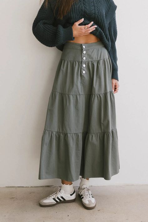 5 Buttons waist skirt in sage Silk Tiered Skirt, Simple Skirts, Floral Lace Skirt, Church Clothes, Artsy Aesthetic, Cute Country Outfits, Knit Maxi Skirt, Tiered Maxi Skirt, Floral Maxi Skirt