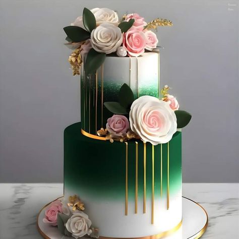 Green White And Gold Cake, Forest Green Cake, Green Cake Ideas, Book Signing Party, White And Gold Cake, Elegant Cake Design, Green Cake, Wedding Cakes With Cupcakes, Gold Cake